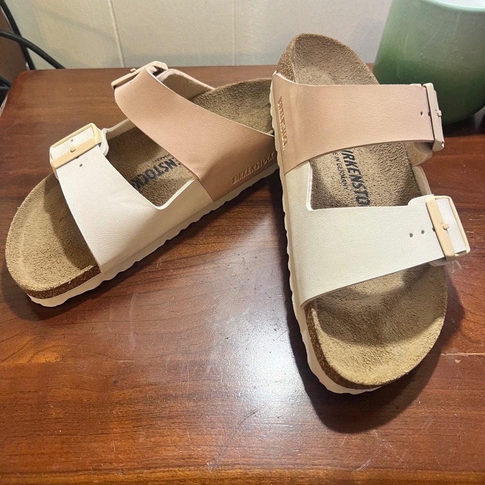 Birkenstock Arizona Two Strap Sandals Pink White Colorblock Size 37 Womens 6-6.5 - Picture 5 of 13